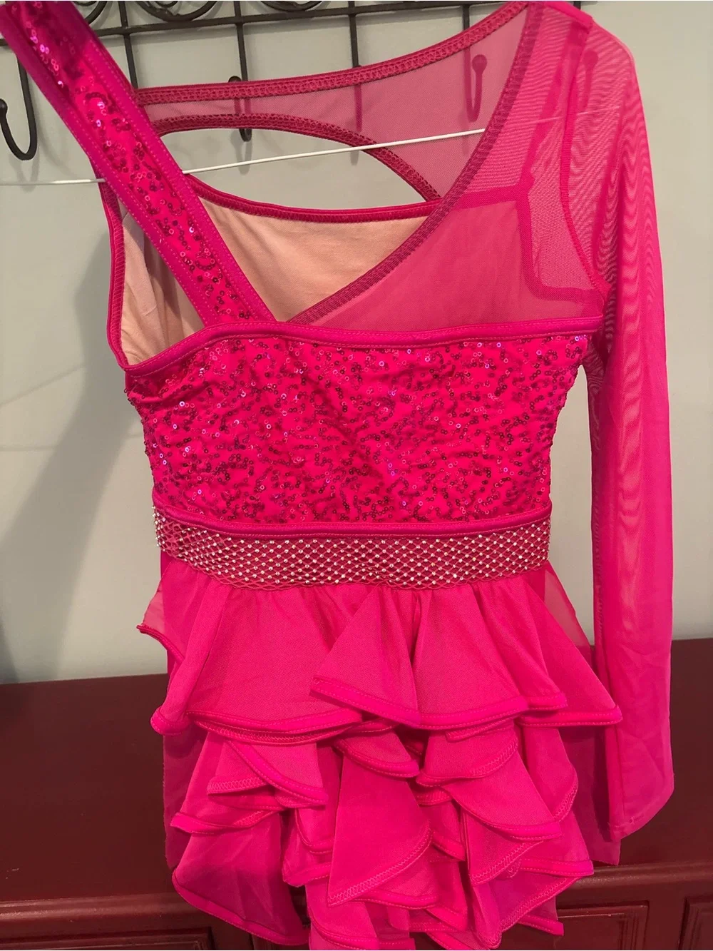 Girls Hot Pink Sequin One-Shoulder Dance Costume